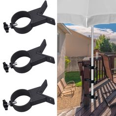 an umbrella and some chairs on a deck with the sun shining through it, and two pictures showing how to use them