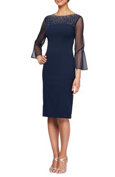 Alex Evenings Embellished Short Sheath Cocktail Dress | Nordstrom Cocktail Dress Nordstrom, Short Sheath Dress, Straight Across Neckline, Embellished Shorts, Alex Evenings, Illusion Neckline, A Line Gown, Bell Sleeve Dress, Classic Dress