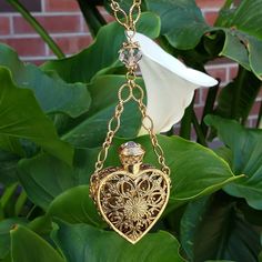 A well designed masterpiece by 1928 Jewelry, this heart filigree pendant necklace featuring 14K gold dipped framework with a Rondell rich cut faceted clear glass crystal accent. This 30-inch long heart necklace comes with a glass vial inside the filigree heart, which has a 0.617ml capacity and funnel. The decorative vial cap comes with a white stopper for a secure fit. 14K Gold Dipped Diamond Link Chains And Filigree Heart 12mm x 8mm Rondell Rich Cut Faceted Clear Glass Crystal Accent Solid Glas Resort Jewelry, Faberge Jewelry, Filigree Pendant Necklace, Vial Necklace, Filigree Heart, 1928 Jewelry, Vintage Inspired Jewelry, Heart Crystal, Glass Vials