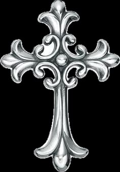 an ornate silver cross on a white background