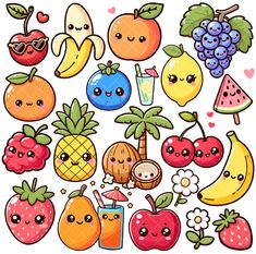 an assortment of fruits and vegetables with faces drawn on the front, including bananas, apples,