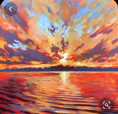 an abstract painting of the sun setting over water