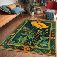 a green rug with yellow flowers on it