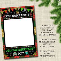 an ugly sweater party flyer is shown on a table with pine branches and snowflakes