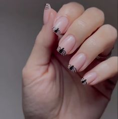 Courtesy of Anna Hughes | Instagram @Mannacured
Here’s a style that gives the typical French manicure a creepy, albeit cute, spider update. These are incredibly easy to achieve; simply draw a small circle and a larger circle to create the spider body, then create three lines on each side of the body going upward. Afterward, connect the lines and go downward. Finish off with a clear top coat, and voila! Tantalize party-goers with your tarantula DIY mani. Simply Draw, Halloween Nail Art Designs, Cute Spider, Creepy Spider, Clear Top, Spider Webs, Tip Nails, Small Circle