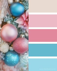 a christmas tree with ornaments in pastel tones and pinks, blue, and green