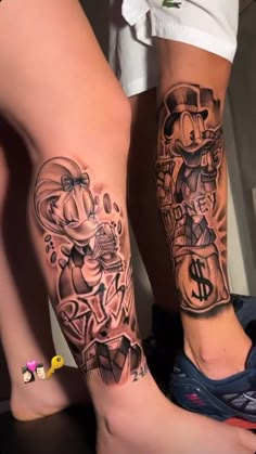 two people with tattoos on their legs, one has a clock and the other has money