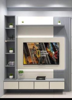 a modern living room with an entertainment center