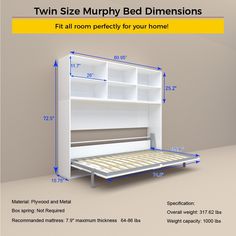 the twin size murphy bed dimensionss are shown with measurements for each mattress and headboard