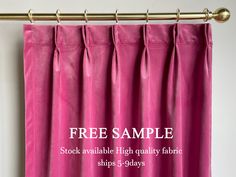 a pink curtain with the text free sample stock available high quality fabric ships 5 - 6 days