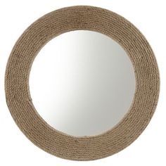 a round mirror with jute rope around it on a white background, closeup