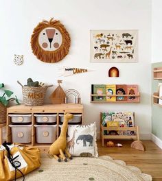 a child's playroom with toys and bookshelves