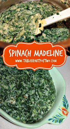 spinach madeline in a bowl with a spatula on top and the words spinach madeline above it