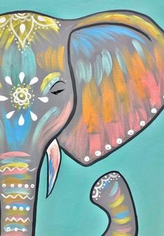 an elephant painted in bright colors on a blue background