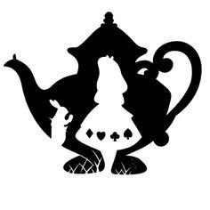 a black and white silhouette of a teapot with a cat sitting on it's back