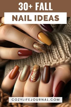 A variety of fall-inspired nail designs, including solid colors, glitter, and leaf patterns, held against a knitted background with text "30+ Fall Nail Ideas" at the top. Trendy Biab Nails, Fall Fall Nails, Autumn Color Nails Fall, Fall Color Nails 2024, Dip Nail Ideas For Fall, Fall Nails 2024 Design, Thanks Giving Nails Ideas, Fall Sns Nails Designs, Biab Nails Inspiration Autumn