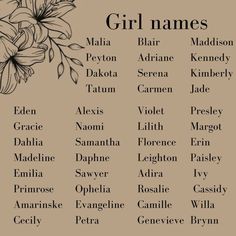 a list of names for girls with flowers on them and the names below each one