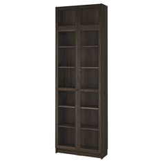 a tall bookcase with two doors on the front and one door open, in dark wood