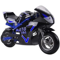 a blue and black motorcycle is shown with the words moto tec on it