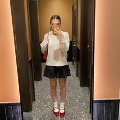 outfit red ballet flats mary janes Red Ballet Flats With Socks, Ballet Flats Shoes Outfit, Strappy Ballet Flats Outfit, Ballet Flats Red Outfit, Fits With Ballet Flats, Ballet Flats Outfit Grunge, Red Mary Janes Outfit Aesthetic, How To Style Red Ballet Flats, Red Doll Shoes Outfit