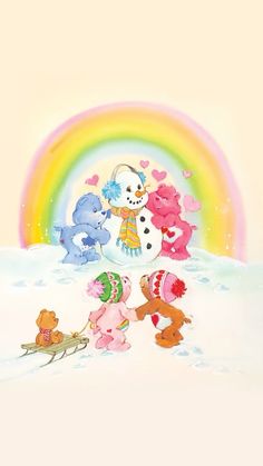 a group of teddy bears standing in the snow with a rainbow in the back ground