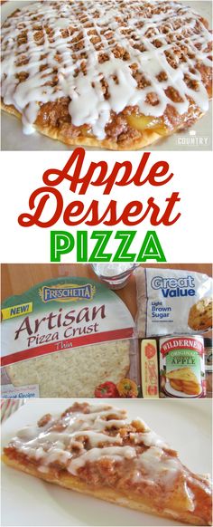 an apple dessert pizza with white icing on top