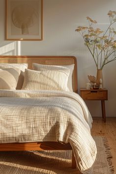 Bed Linen Combinations, Muji Bedroom Aesthetic, Retro Mid Century Bedroom, Modern Mid Century Design, Sunny Bedroom Aesthetic, Made Bed Aesthetic, Midcentury Bedroom Aesthetic, Condo Bedroom Ideas, Airbnb Room Ideas