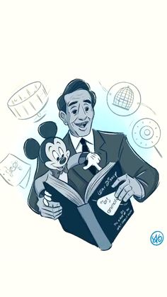 a man in a suit reading a book with mickey mouse and other disney characters around him