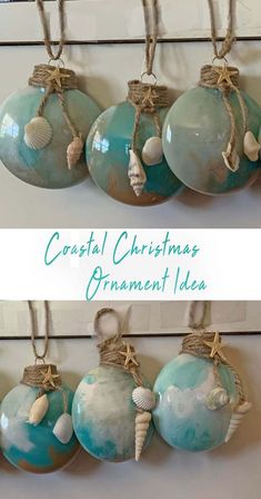 christmas ornaments are hanging on the wall in different colors and sizes, with shells attached to each ornament