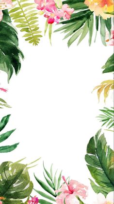 watercolor tropical leaves and flowers on a white background with space for text or image