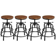 four stools with wooden seat and metal legs