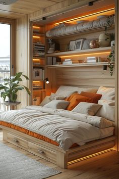 a large bed sitting in the middle of a bedroom next to a tall book shelf