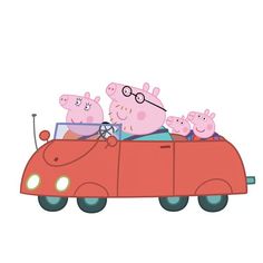 peppa pig family riding in the back of a red car with three pigs on top