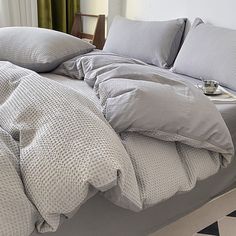 Light Luxury Waffle Pure Cotton Washed Soft Four-Piece Bed Set - Harmony Gallery White And Grey Bedding, Elegant Bedding Sets, Grey And White Bedding, Elegant Bed, Bedroom Upgrade, Textured Bedding, Uni Room, Elegant Bedding, Double Duvet Covers