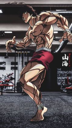 an anime character is running through the gym with his arm stretched out and muscles exposed