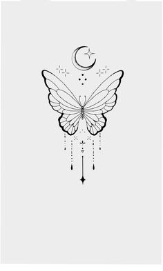 a black and white drawing of a butterfly with the moon in it's wings