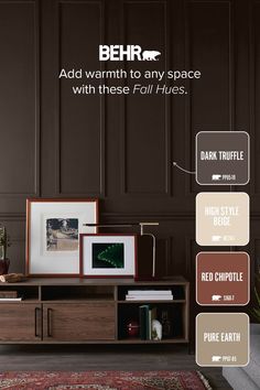 a living room with brown walls, furniture and pictures on the wall above it that says behrr add warmth to any space with these fall hues