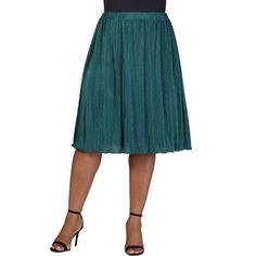 This elegant plus size skirt features a rich and luxurious shimmering pleated accordion fabric that adds texture and movement to your outfit. Designed with an elastic waistband, it provides a comfortable and flexible fit for various body types. The skirt is double layered, ensuring complete coverage and eliminating the need for additional undergarments. Its midi length is versatile, making it suitable for both casual and formal occasions. The flowing A Line silhouette enhances its sophisticated Knee-length Pleated Waist Party Bottoms, Knee-length Party Skirt With Pleated Waist, Green Midi Pleated Skirt For Party, Knee-length Party Bottoms With Pleated Waist, Party Bottoms With Accordion Pleats And Skirted Shape, Party Bottoms With Accordion Pleats, Skirted Party Bottoms With Accordion Pleats, Pleated Green Skirt For Evening, Green Pleated Skirt For Evening