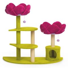 the cat tree has two pink flowers on it's top and one green base