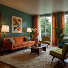 a living room filled with lots of furniture and large windows covered in orange drapes