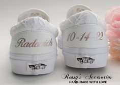 "Beautiful and Romantic wedding sneakers is a perfect accessory for your Special day.. These White Slip On Authentic Vans , are covered with White Lace . Handmade to order, so please allow me enough time before your wedding date. Orders are processed and shipped within 6-7 WEEKS of payment., large orders, may take longer ..Please allow 2-5 days additional and Domestic Shipping will take 2-5 Business days. RUSH ORDERS ARE AVAILABLE **Please read all \"shop policies\" before placing your order** h Vans Shoes Wedding, Bridal Vans, Lace Vans, Sneakers For Bride, Sneakers Wedding, Bride Sneakers, Wedding Vans, White Slip On Vans, Floral Vans