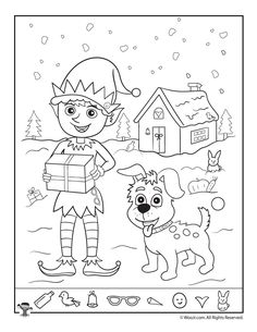 the elf is holding a present in his hand while standing next to a small dog