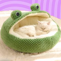 a white cat sleeping in a green frog shaped bed