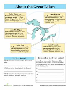 the great lakes worksheet is shown in blue and yellow, with information about them