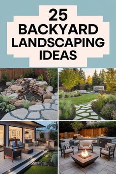 "25 Backyard Landscaping Ideas" featuring a collage of garden designs, stone pathways, and outdoor seating areas with fire pits. Privacy Hedge, Backyard Dreams, Gravel Path