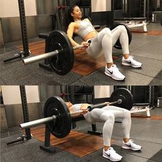 a woman is doing squats with a barbell