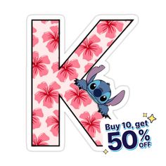 the letter k is made up of pink flowers and blue stitchers with lilies on it