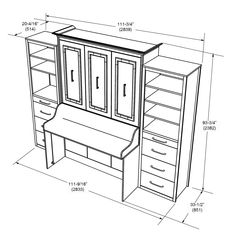 a drawing of a desk with drawers and shelves