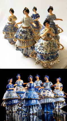 three different pictures of figurines in blue and white dresses with gold trimmings