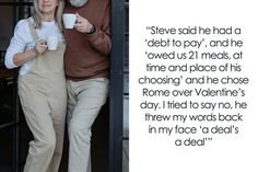 an older man and woman walking out of a door holding coffee mugs in their hands